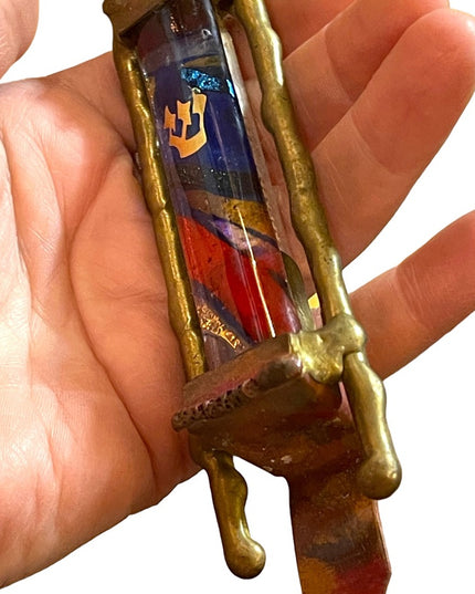 GARY ROSENTHAL JUDAICA FUSED ART GLASS & METAL MEZUZAH with SCROLL 7” Jewish