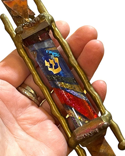 GARY ROSENTHAL JUDAICA FUSED ART GLASS & METAL MEZUZAH with SCROLL 7” Jewish