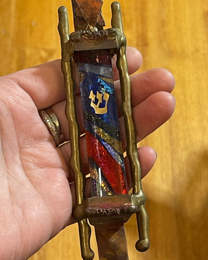 GARY ROSENTHAL JUDAICA FUSED ART GLASS & METAL MEZUZAH with SCROLL 7” Jewish
