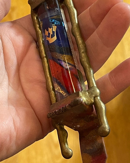 GARY ROSENTHAL JUDAICA FUSED ART GLASS & METAL MEZUZAH with SCROLL 7” Jewish