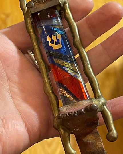 GARY ROSENTHAL JUDAICA FUSED ART GLASS & METAL MEZUZAH with SCROLL 7” Jewish