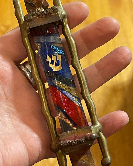 GARY ROSENTHAL JUDAICA FUSED ART GLASS & METAL MEZUZAH with SCROLL 7” Jewish