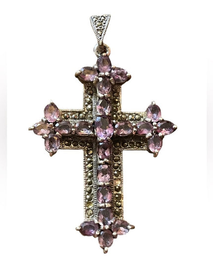 Antique REAL Gemstone Amethyst & Marcasite Cross pendant, 19th century Religious