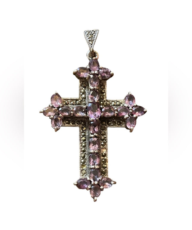 Antique REAL Gemstone Amethyst & Marcasite Cross pendant, 19th century Religious
