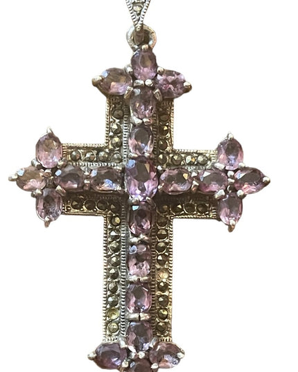 Antique REAL Gemstone Amethyst & Marcasite Cross pendant, 19th century Religious