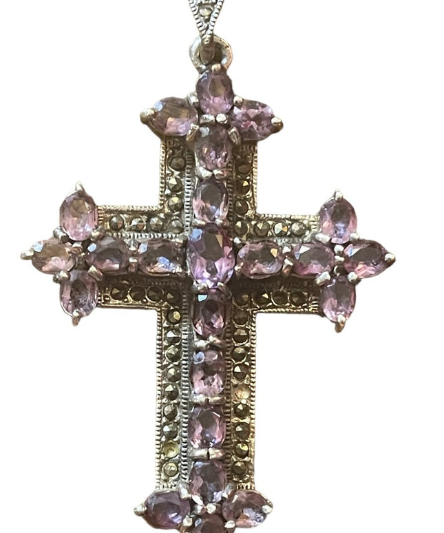 Antique REAL Gemstone Amethyst & Marcasite Cross pendant, 19th century Religious
