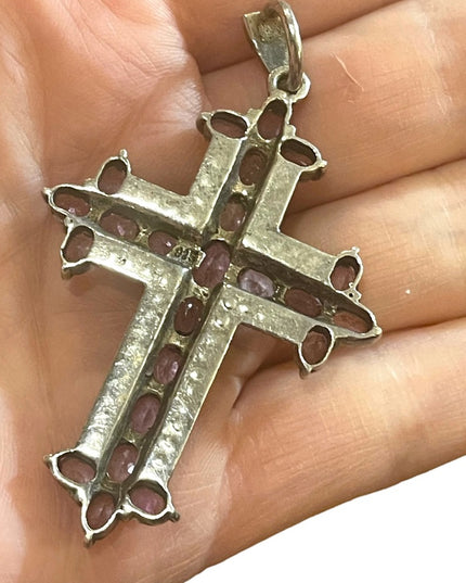 Antique REAL Gemstone Amethyst & Marcasite Cross pendant, 19th century Religious