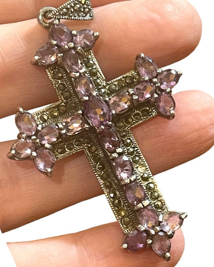 Antique REAL Gemstone Amethyst & Marcasite Cross pendant, 19th century Religious