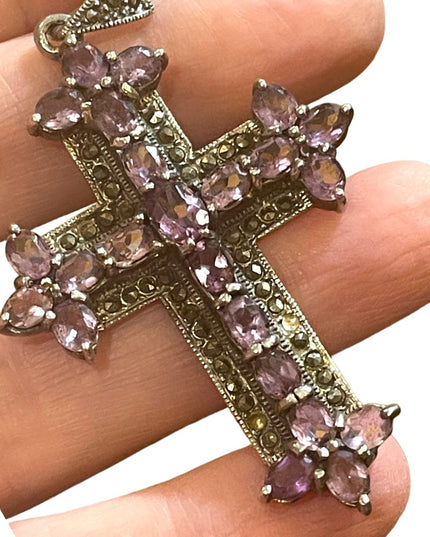 Antique REAL Gemstone Amethyst & Marcasite Cross pendant, 19th century Religious