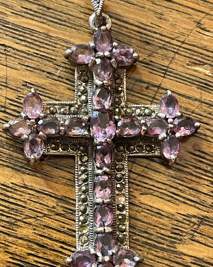 Antique REAL Gemstone Amethyst & Marcasite Cross pendant, 19th century Religious