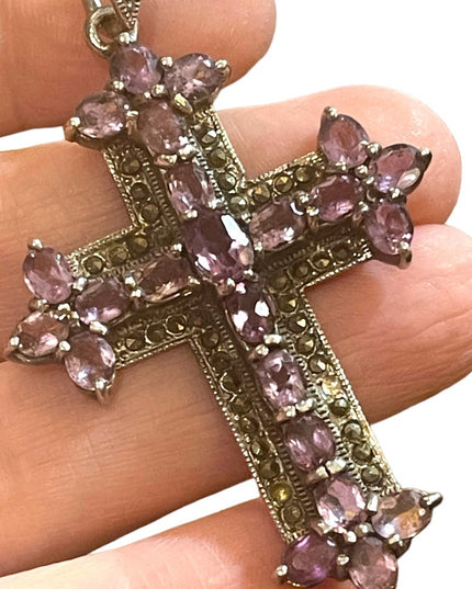 Antique REAL Gemstone Amethyst & Marcasite Cross pendant, 19th century Religious