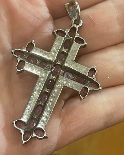 Antique REAL Gemstone Amethyst & Marcasite Cross pendant, 19th century Religious