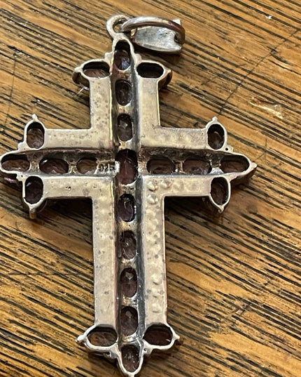 Antique REAL Gemstone Amethyst & Marcasite Cross pendant, 19th century Religious