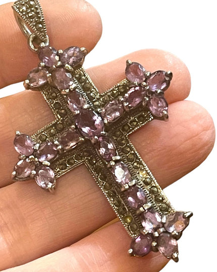 Antique REAL Gemstone Amethyst & Marcasite Cross pendant, 19th century Religious