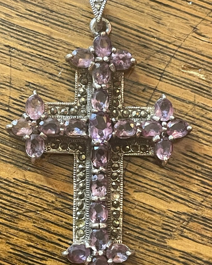 Antique REAL Gemstone Amethyst & Marcasite Cross pendant, 19th century Religious