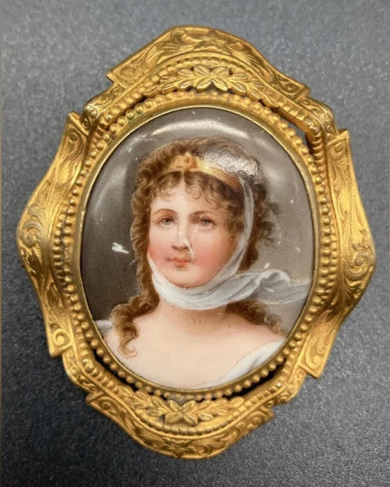 Antique Hand painted etched fancy framed Lady girl cameo Victorian brooch