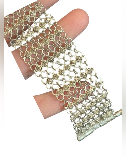 Antique German silver mesh chain link thick bracelet flower buttons Japanese