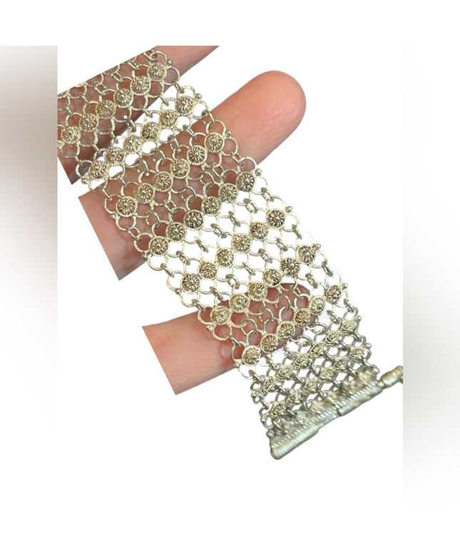 Antique German silver mesh chain link thick bracelet flower buttons Japanese