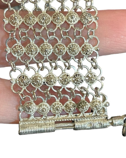 Antique German silver mesh chain link thick bracelet flower buttons Japanese