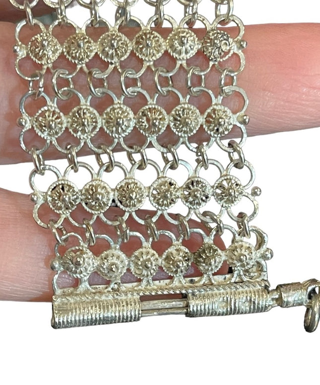 Antique German silver mesh chain link thick bracelet flower buttons Japanese