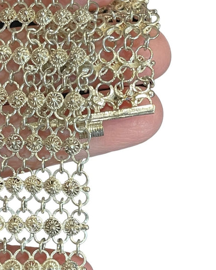Antique German silver mesh chain link thick bracelet flower buttons Japanese