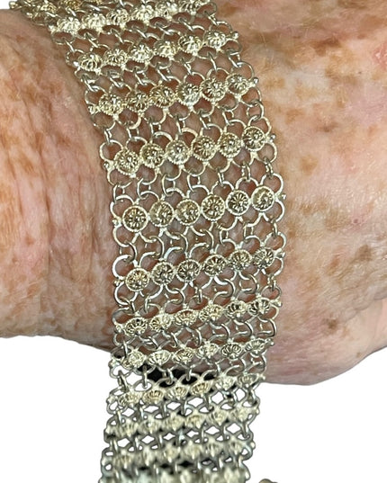 Antique German silver mesh chain link thick bracelet flower buttons Japanese