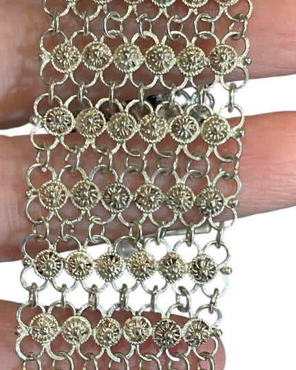 Antique German silver mesh chain link thick bracelet flower buttons Japanese