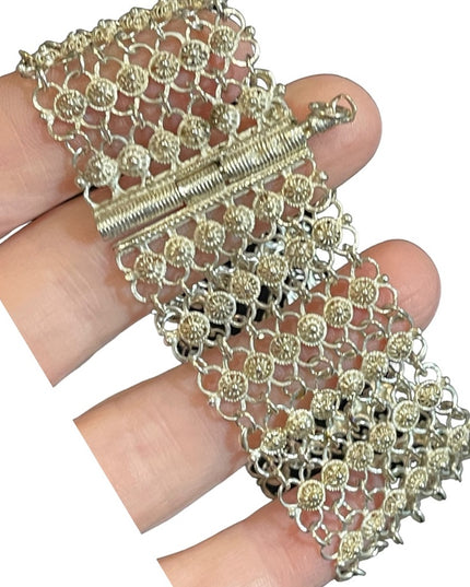 Antique German silver mesh chain link thick bracelet flower buttons Japanese