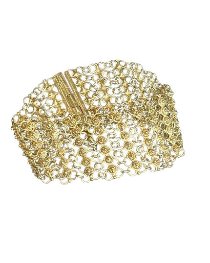 Antique German silver mesh chain link thick bracelet flower buttons Japanese