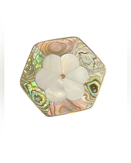 Vintage Mexico Mexican Silver alpaca abalone inlay flower octagon brooch