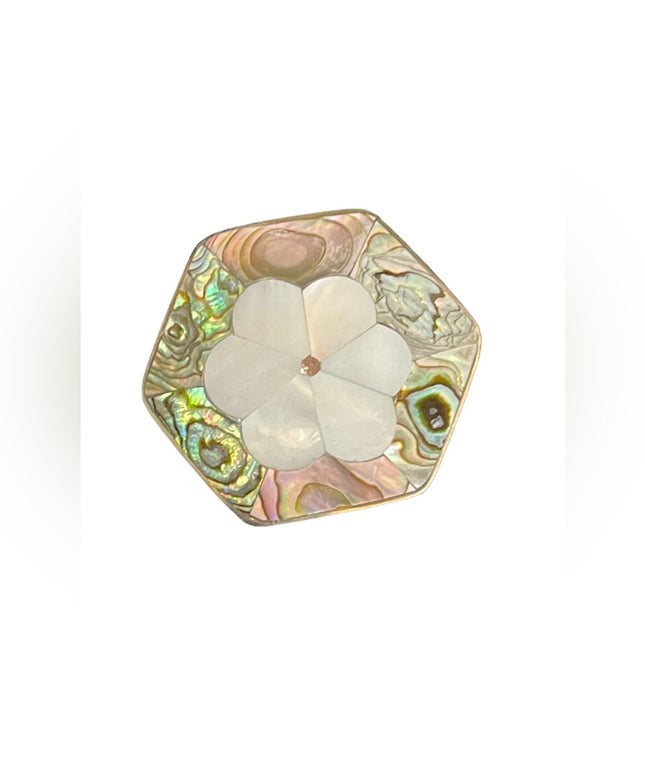 Vintage Mexico Mexican Silver alpaca abalone inlay flower octagon brooch