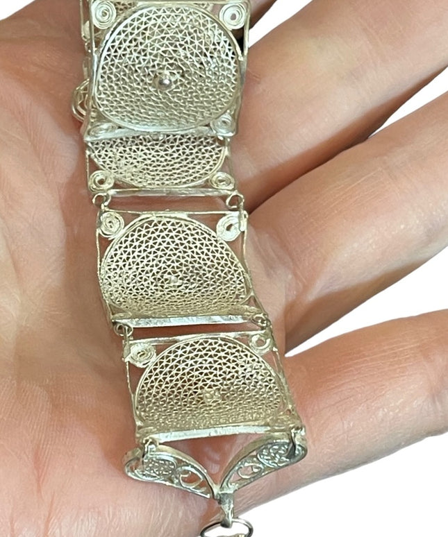 Antique Silver filagree panel link bracelet chinese export 800