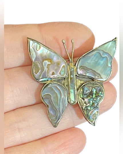 Vintage Mexico Alpaca large butterfly brooch abalone inlay