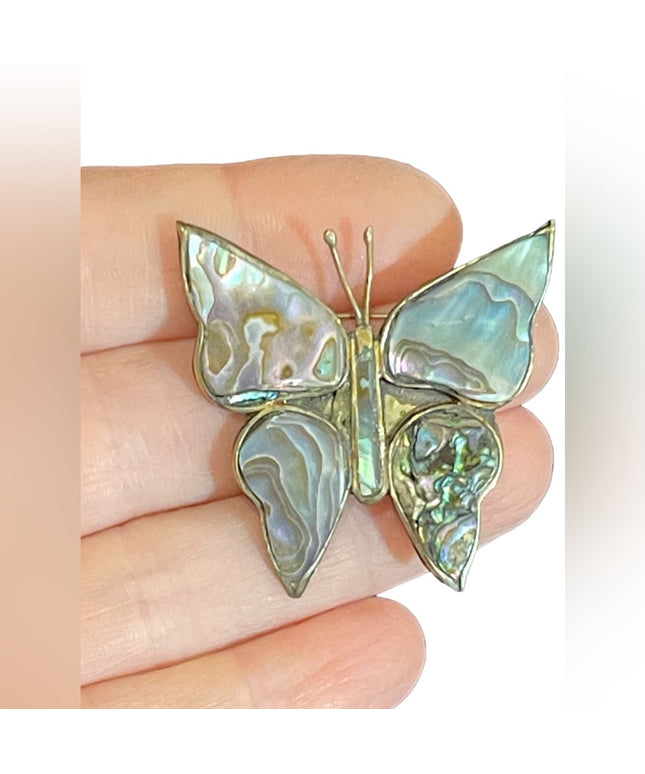 Vintage Mexico Alpaca large butterfly brooch abalone inlay