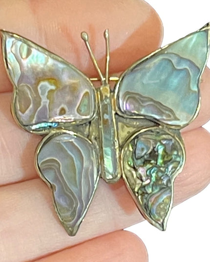 Vintage Mexico Alpaca large butterfly brooch abalone inlay