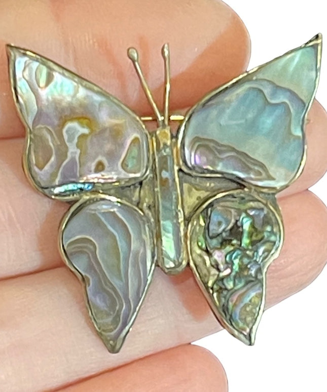 Vintage Mexico Alpaca large butterfly brooch abalone inlay