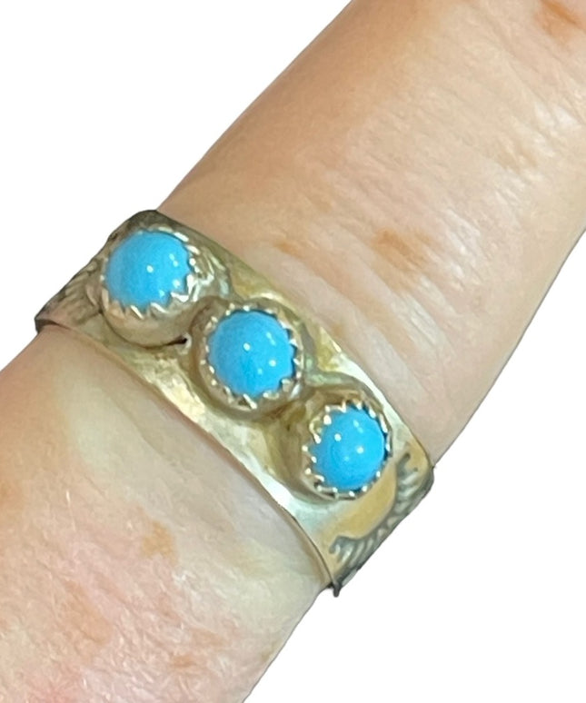 Vintage etched handmade Navajo sterling RE turquoise band ring