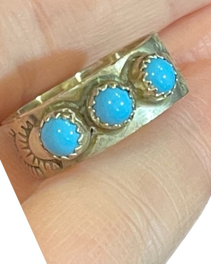 Vintage etched handmade Navajo sterling RE turquoise band ring