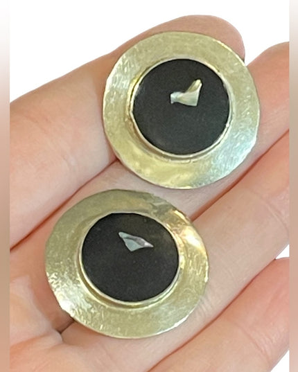 Vintage Mexico Mexican stone inlay round fancy silver earrings
