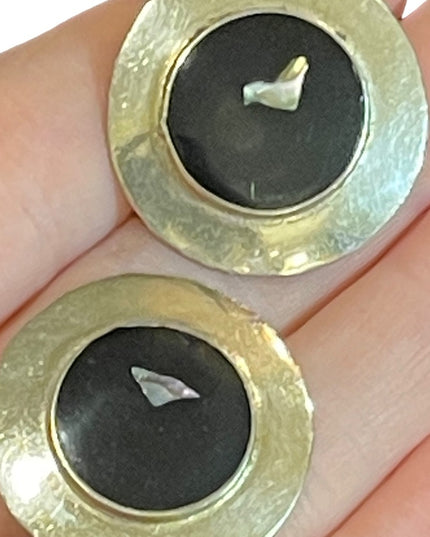 Vintage Mexico Mexican stone inlay round fancy silver earrings