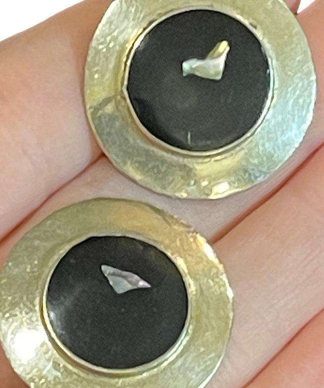 Vintage Mexico Mexican stone inlay round fancy silver earrings
