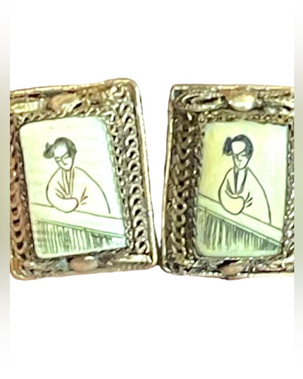 Antique Chinese export Scrimshaw handpainted fancy filagree earrings