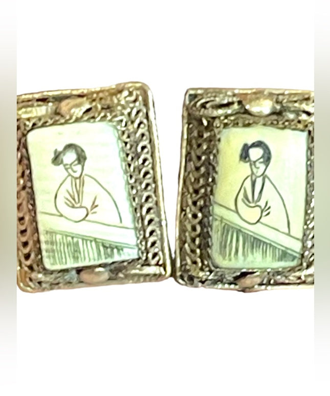 Antique Chinese export Scrimshaw handpainted fancy filagree earrings