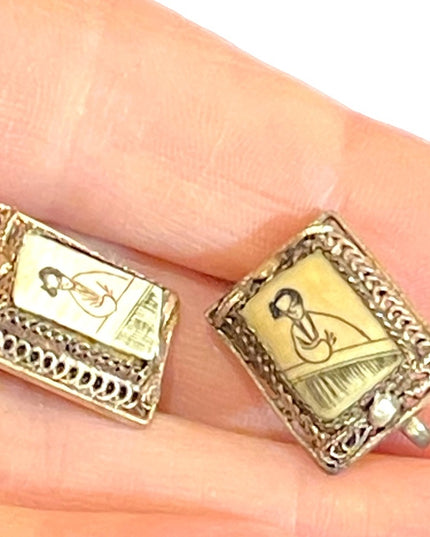 Antique Chinese export Scrimshaw handpainted fancy filagree earrings