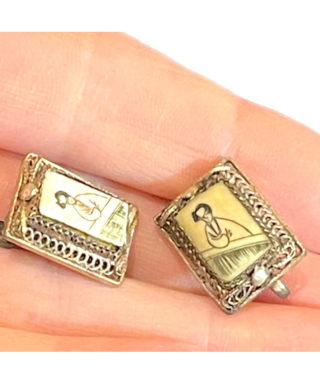Antique Chinese export Scrimshaw handpainted fancy filagree earrings