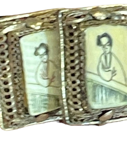 Antique Chinese export Scrimshaw handpainted fancy filagree earrings