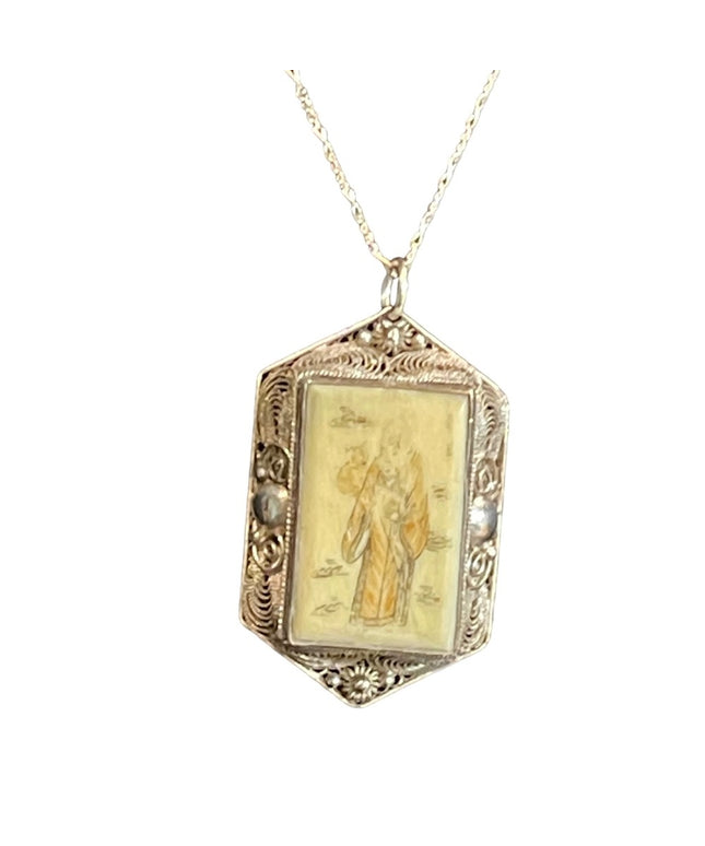 Antique Chinese export Silver filagree scrimshaw painted pendant brooch necklace
