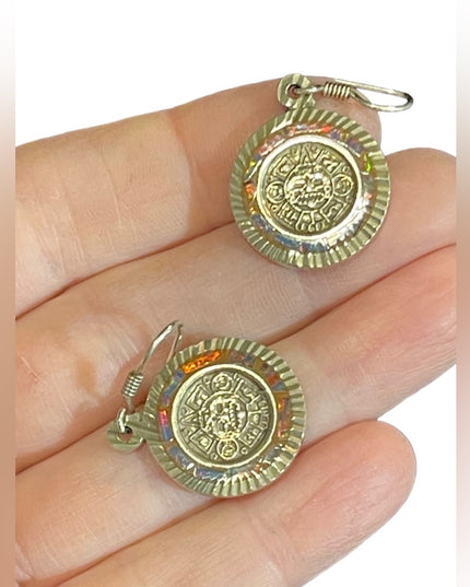 Vintage TG-71 Taxco Mexico opal inlay Aztec face mayan god round earrings