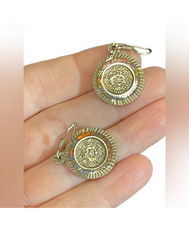 Vintage TG-71 Taxco Mexico opal inlay Aztec face mayan god round earrings