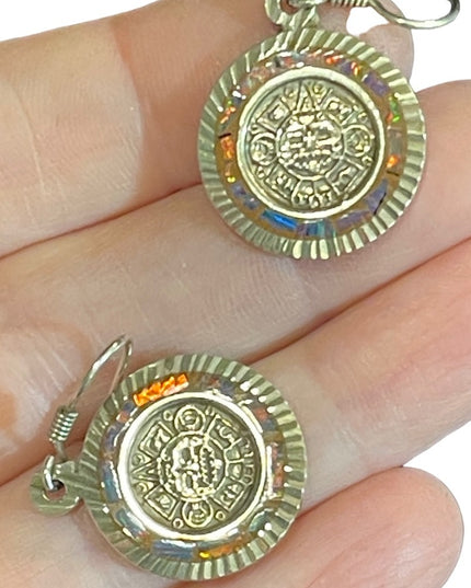 Vintage TG-71 Taxco Mexico opal inlay Aztec face mayan god round earrings